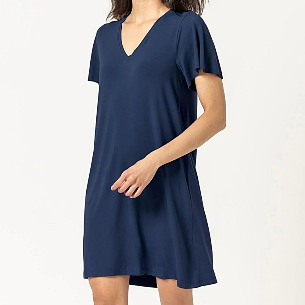 New LILLA P Blue V-Neck Shirt Dress S Womens Versatile Understated Simplicity
